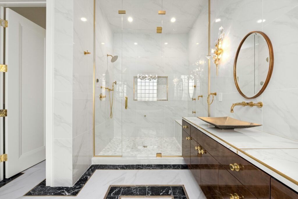 Luxurious marble bathroom with golden fixtures and modern design, Denver.